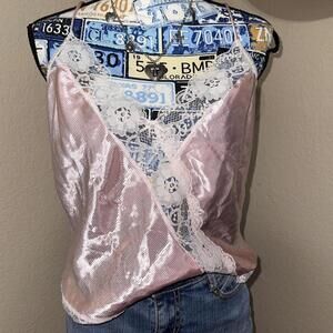 Vintage Pink lace cami top with adjustable straps and white trim